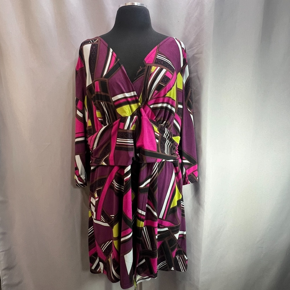 Tiana B Wrap Dress Womens 1X Multicolor Abstract Print Cinched Waist Knee Length